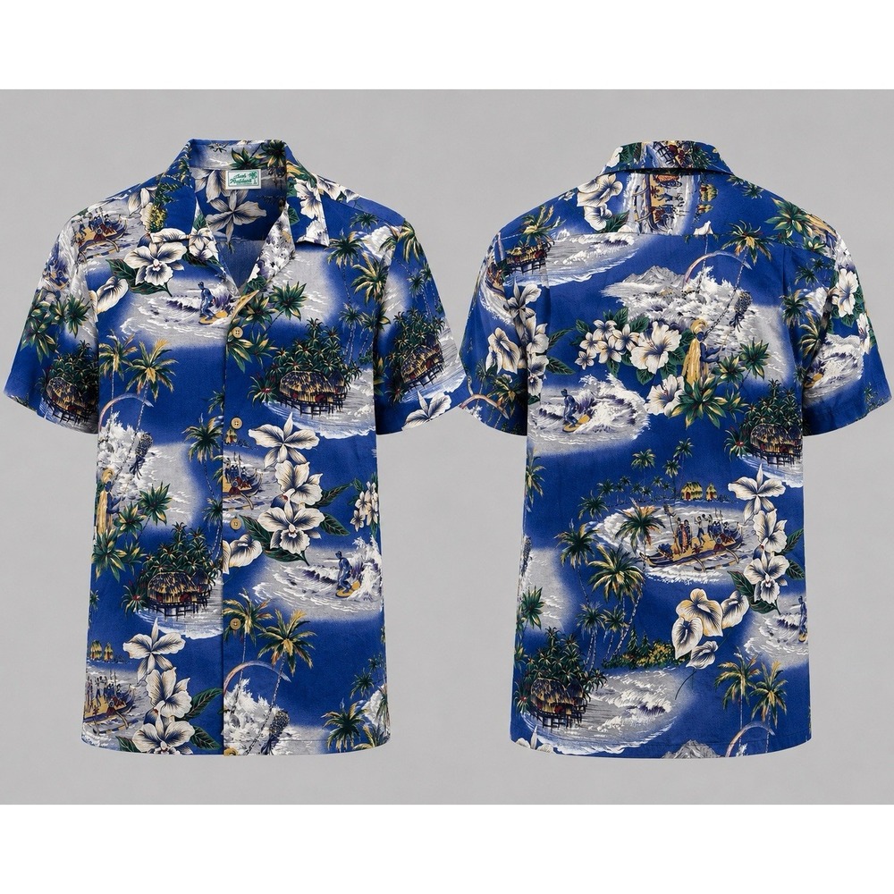 Vintage Jade Fashions Men's Aloha Tiki Button Up Shirt Floral Blue Size Medium